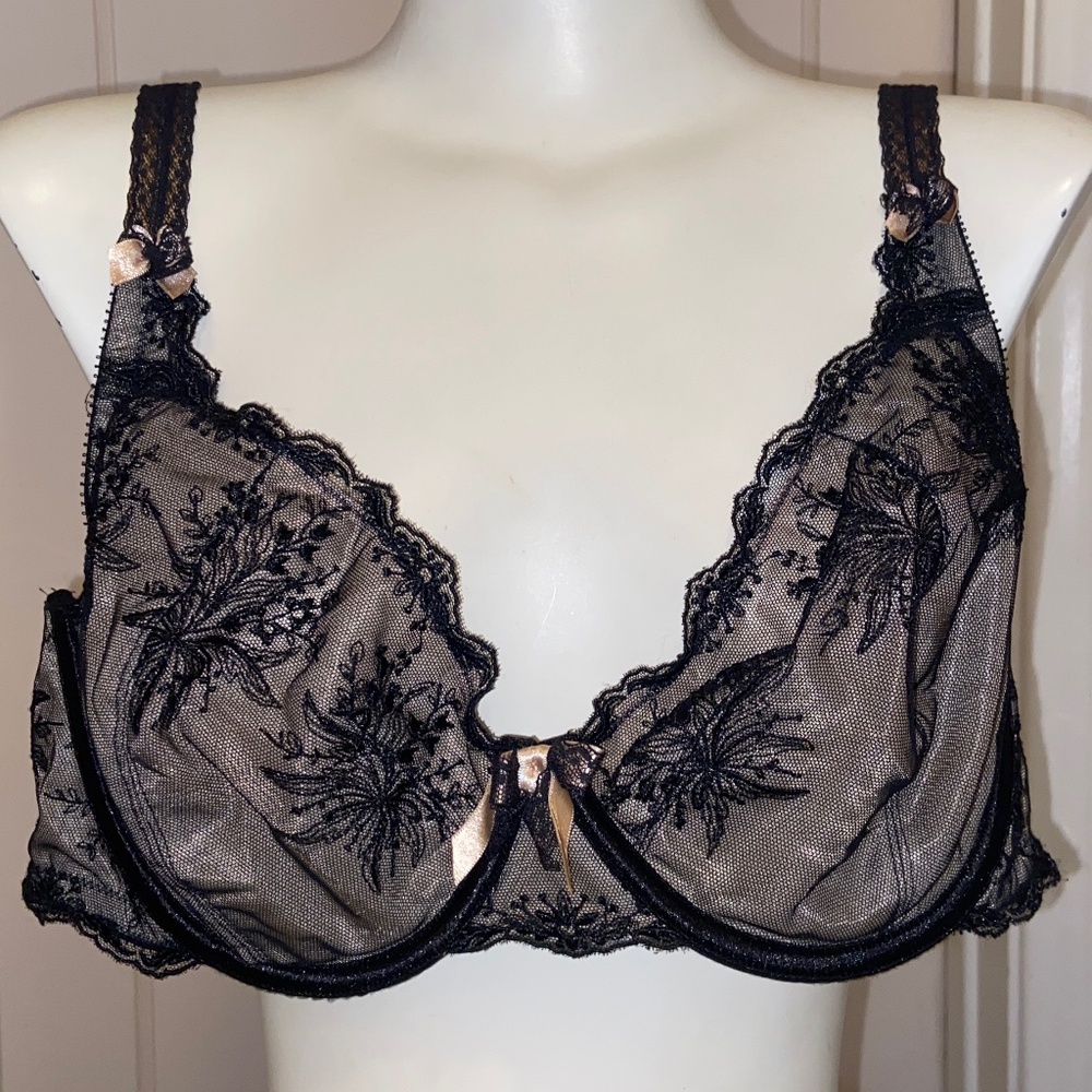 FELINA 38D BLACK LACE BRA NUDE UNDERLAY